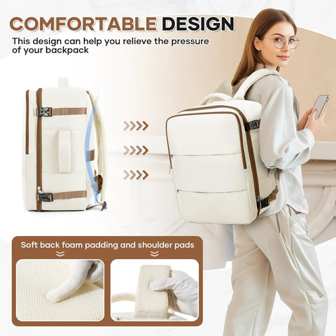Woman wearing Go-To Travel Backpack for Women and Men Carry On Luggage Flight Ready Personal Item Essentials Waterproof Laptop Backpack Large Capacity Daypack Brown Beige