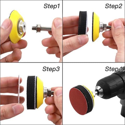 Assembly steps for 2 Inch Sanding Disc Pad Kit For Drill Sander With Hook And Loop Backer Plate, 300 Pcs, Metal and Wood Polishing