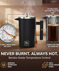 Double Wall Stainless Steel French Press Coffee Maker With Built In Thermometer And Fine Mesh Dual Filters For A Solid Morning Kick And Rich Flavor Every Time Includes Wooden Spoon For Zero Fuss Brewing In Sleek Black.