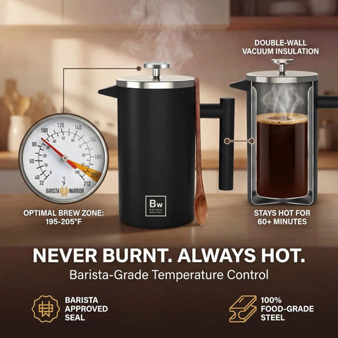 Double Wall Stainless Steel French Press Coffee Maker With Built In Thermometer And Fine Mesh Dual Filters For A Solid Morning Kick And Rich Flavor Every Time Includes Wooden Spoon For Zero Fuss Brewing In Sleek Black.