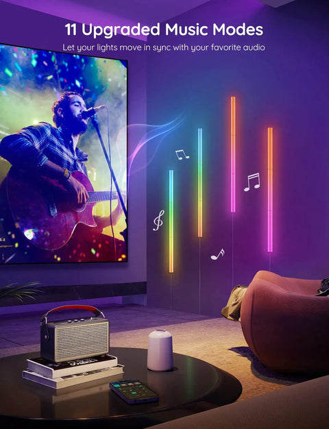 Next Level Smart Gaming Light Bar With Dynamic Rgbic Wall Mount and Hella Smooth Bluetooth App Control For Alexa and Google Setup Straight Fire Vibe Kits in a vibrant room with music visualization.