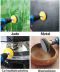 Demonstration of Five Inch Sanding Discs Set, 60 Pcs Hook And Loop, Grits 320 600 800 1200 1500 2000 With Tack Cloth in use on jade, metal, car headlights, wood.