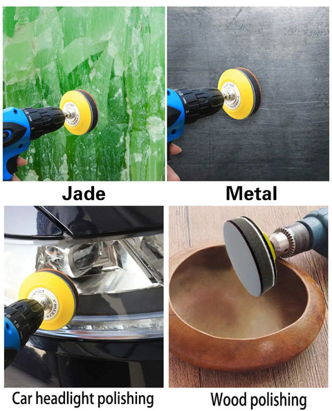 Demonstration of Five Inch Sanding Discs Set, 60 Pcs Hook And Loop, Grits 320 600 800 1200 1500 2000 With Tack Cloth in use on jade, metal, car headlights, wood.