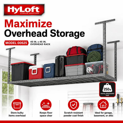 Hard As Nails Overhead Steel Garage Storage Ceiling Rack 45X45 Inch Black Hammertone Finish No Sweat Design Saves Floor Space For Totes Coolers And Travel Gear