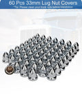 60 Piece Chrome Lug Nut Covers For Semi Trucks 33mm Fit Two And A Half Inch Tall Push On ABS Plastic displayed in front of a truck