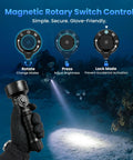 Powerful Dive Light 5000LM Rechargeable Waterproof Flashlight with magnetic switch, casting beam underwater, glove in foreground