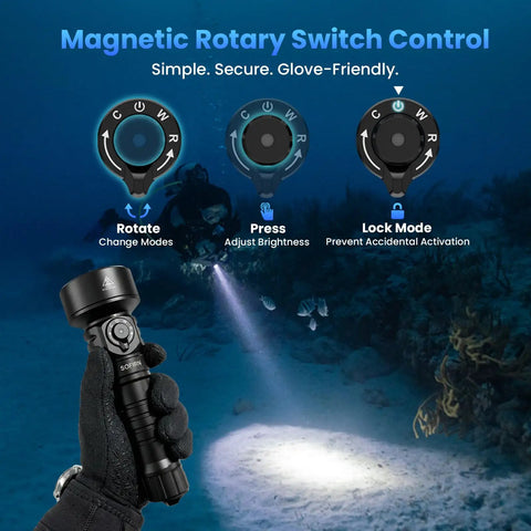 Powerful Dive Light 5000LM Rechargeable Waterproof Flashlight with magnetic switch, casting beam underwater, glove in foreground