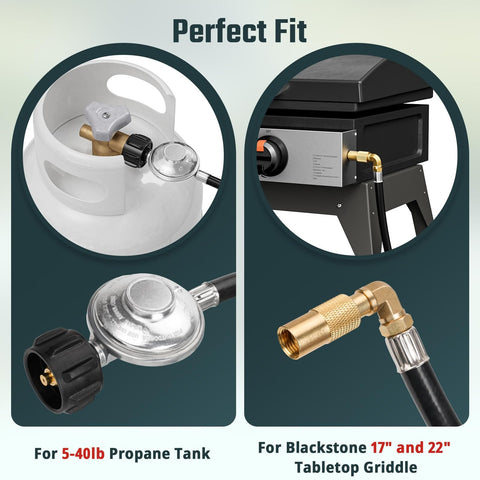 Six-Foot Propane Adapter Hose For Blackstone 17 And 22 Inch Tabletop Griddles With 90 Degree Elbow Connects To Large Propane Tanks