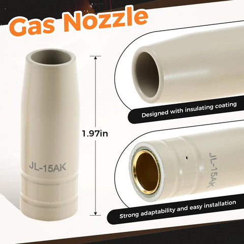 Heavy Duty 14 Pcs Set Of 0.8mm KP1939 Mig Welding Ceramic Nozzle Tips With Non Stick Coating, 1.97in long gas nozzle for 15AK torch.