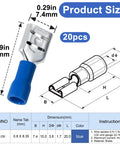 Blue Twenty Pack One Quarter Inch Female Spade Connectors Kit for 22-16 AWG Wire, detailed dimensions and specifications