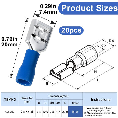 Blue Twenty Pack One Quarter Inch Female Spade Connectors Kit for 22-16 AWG Wire, detailed dimensions and specifications