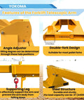 Built Tough Forklift Jib Boom Telescopic Crane Attachment With 0 To 75 Degrees Tilt And 4400 Pound Capacity features angle adjustor, double-fork design, supporting leg, and steel structure.