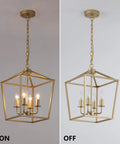 Built Tough Industrial Four Light Chandelier With Killer Gold Lantern Pendant And Rustic Metal Cage, showcasing lighting on and off.