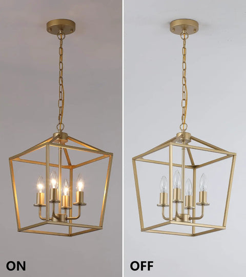 Built Tough Industrial Four Light Chandelier With Killer Gold Lantern Pendant And Rustic Metal Cage, showcasing lighting on and off.