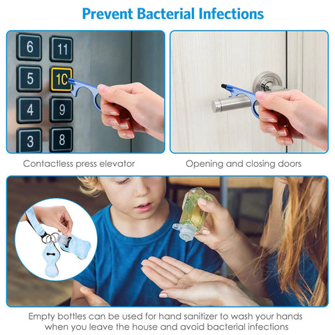 Using Everyday Safety Keychain Set for contactless door and elevator with sanitizer bottle, featuring blue no-touch tool.