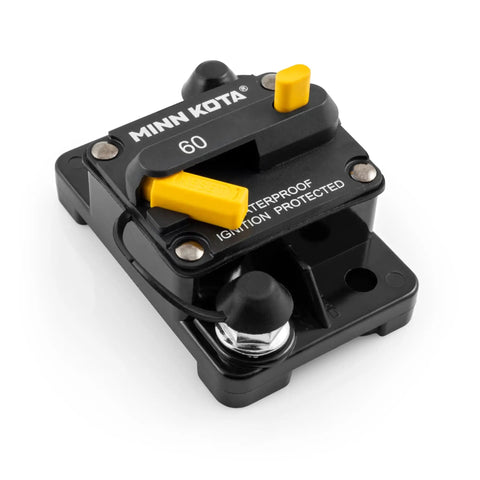 60 Amp Marine Grade Trolling Motor Circuit Breaker With Manual Reset And Push To Trip Power Cutoff, black and yellow design