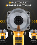 Close-up of Cordless Pro Grade Rivet Gun For 20V Max Batteries, center lock feature highlighted, with instructional text.