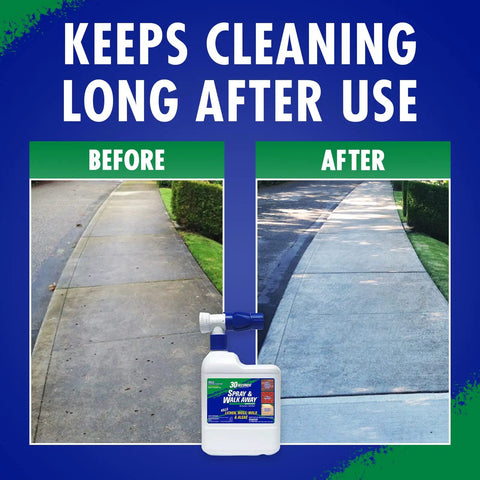 Before and after image of sidewalk cleaned by Spray And Walk Away Hose End Sprayer Kit 64 Ounce Three Pack Outdoor Surface Cleaner.