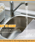 Professional Grade Masonry Mortar Bags 3 Pack Featuring Heavy Duty PVC Body And Rugged Stainless Steel Tips Plus Pro Ready Brick Connector And Tucker Pointer For No Sweat Tile Grouting And Tough Handyman Repairs in a sink with water running.