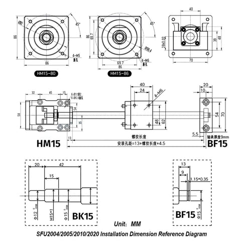 Premium 20mm Ballscrew Kit SFU2010 With C7 Grade Precision Parts For CNC Machines Plus BF15 HM15 DSG20H Coupler and NEMA32 Adapter Ready To Rock Your Build. SFU2010 mounting dimension diagram with HM15, BF15, BK15 and unit sizes