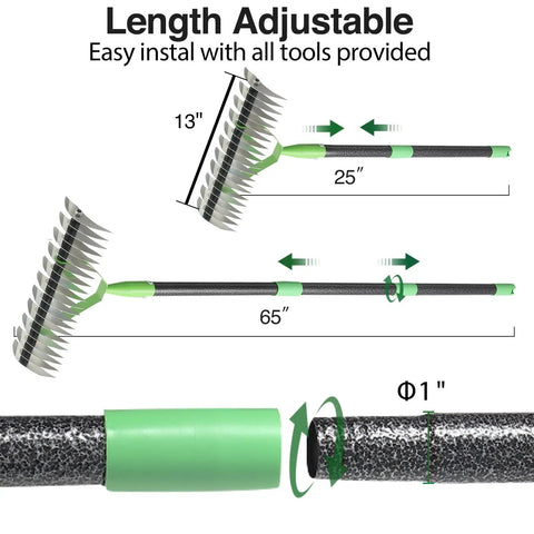 Beastly Heavy Duty Thatch Rake For Lawns With 54 Inch Handle And 13 Inch Wide Head, 11 Tines Dethatcher, adjustable length diagram