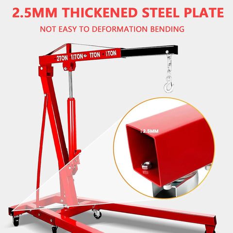 Heavy Duty 2 Ton 4400 Lbs Engine Hoist Folding Alloy Steel Cherry Picker showing 2.5mm thickened steel plate for durability.