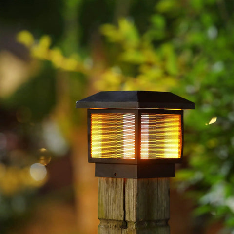 Outdoor solar powered post cap light illuminating a wooden post with six pack cord free solar fence post lights outdoor solar powered post cap lights with high brightness SMD LEDs waterproof for 4x4 5x5 or 6x6 wood posts patio yard landscape decor night safety.