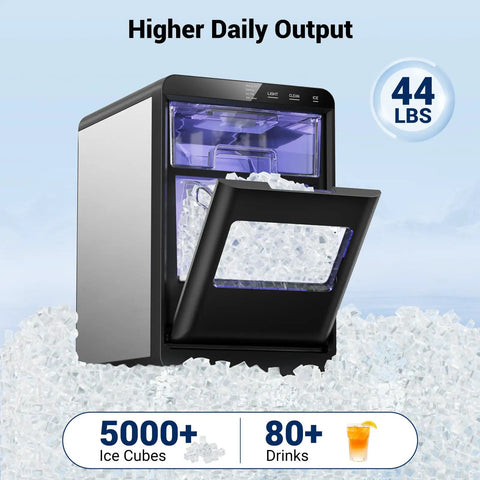 Party Ready Nugget Ice Maker For Countertop With 44 Lbs Per Day And 5 Minute Ice Ready, ice cubes spilling from dispenser