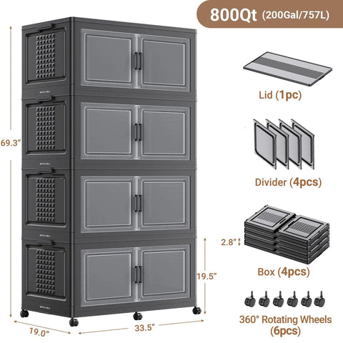 Industrial Grade 800 Quart Stackable Storage Bins With Smooth Wheels And Secure Doors Hella Spacious Foldable Cabinet Organizer Set Four Pack Black Divided Garage Shelves