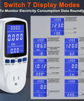 Upgraded Brighter LCD Display Night Vision Power Meter Plug For Real Time Power Usage Monitoring shown with display modes chart