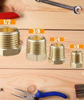 Brass Hex Pipe Plug Fittings Kit 24 Piece Set With NPT Male Threaded Plugs for DIY Plumbing Repairs on wooden table