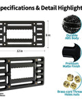 Specifications of Universal Front License Plate Bracket Holder No Drill Mount Kit For Cars And Trucks 12 By 6 Inch Frame.