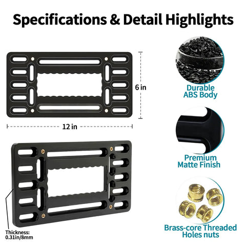 Specifications of Universal Front License Plate Bracket Holder No Drill Mount Kit For Cars And Trucks 12 By 6 Inch Frame.