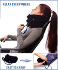 Woman using Neck Traction Device For Home Pain Relief With Inflatable Cervical Stretcher Collar, shown in blue, with travel bag