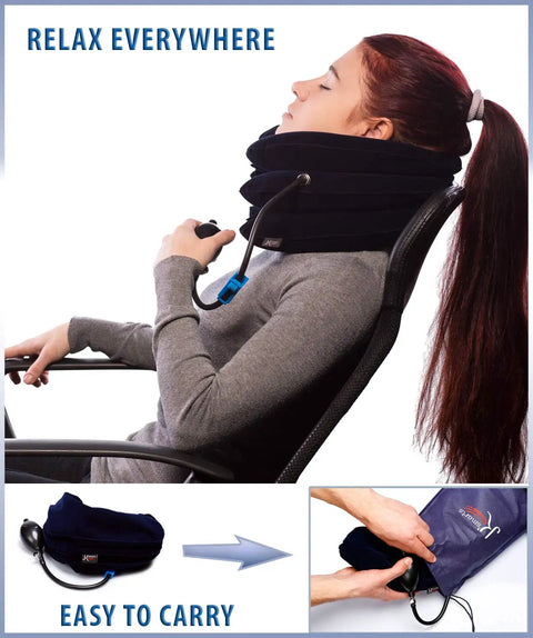 Woman using Neck Traction Device For Home Pain Relief With Inflatable Cervical Stretcher Collar, shown in blue, with travel bag