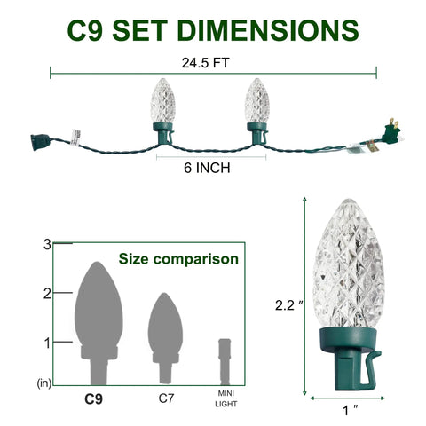 Faceted Green C9 Christmas String Lights With 50 LEDs And 24.5 Foot Connectable Length Indoor Outdoor UL Certified dimensions chart
