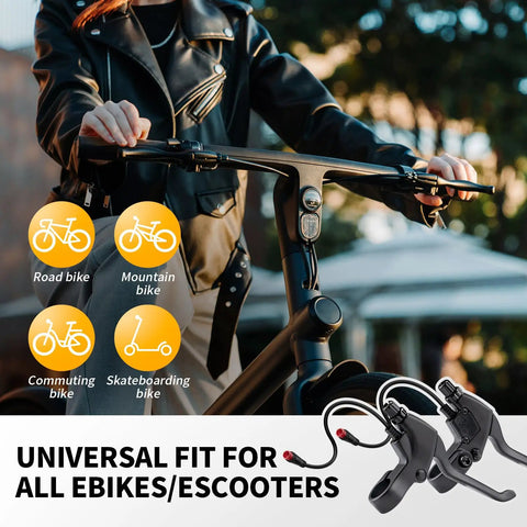 Dual Action Ebike Brake Levers With 2 Pin Connector And 2 Wires For Left And Right On Electric Bicycles And E Bike Scooters, 1 Pair, shown on bicycle handlebars.