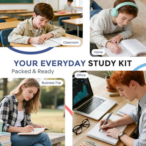 Students using All In One 50 Piece School Supplies Stationery Set With Pencil Case in classroom, home, office, and outdoor settings.