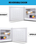 Hella Solid Upright Freezer One Point Two Cubic Feet White Compact Frost Vault With Wire Rack showing reversible door options.