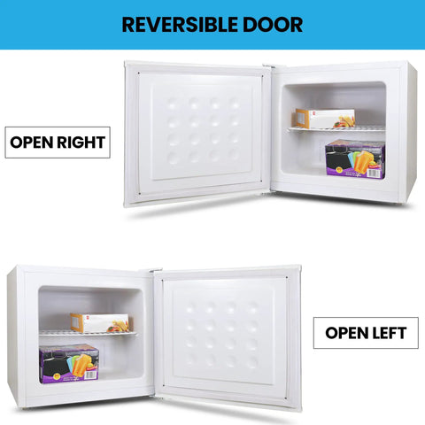 Hella Solid Upright Freezer One Point Two Cubic Feet White Compact Frost Vault With Wire Rack showing reversible door options.