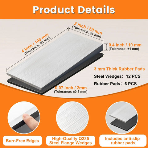12 Piece Metal Shim Set For Leveling And Alignment, Pro Grade Heavy Duty Four Inch By Two Inch Wedges With Anti Slip Rubber Pads