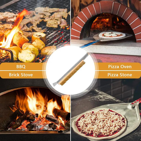 Long Reach Pizza Oven Cleaning Brush With Stainless Steel Scraper And Screwdriver 21 Inch Handle No Scratch Brass Bristles