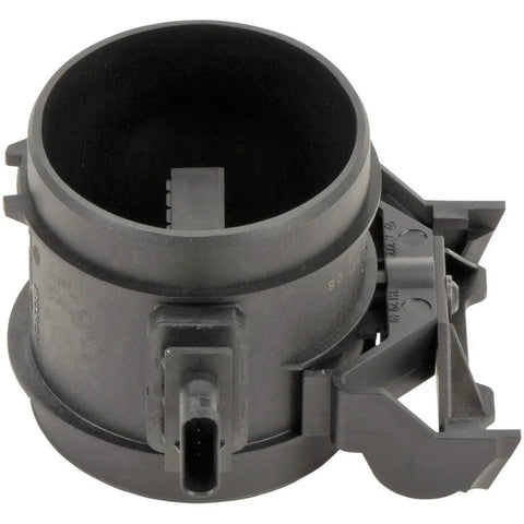 Original Equipment Mass Air Flow MAF Sensor For Mercedes-Benz Cars And SUVs Including C Class, E Class, S Class, CLS, GL, G, ML, R, SL, SLK Models Plug And Play OEM Quality For Accurate Readings, Better Fuel Economy, And Smooth Idle. Black plastic sensor with plug connector, side view.