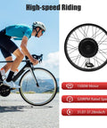 Cyclist next to 1500W Front Wheel Hub Motor Conversion Kit For 26 Inch By 4 Inch E Bike DC 48V Electric Bicycle Conversion Kit