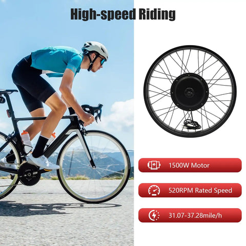 Cyclist beside Powerful 1500W Front Wheel Hub Motor Conversion Kit For 26 By 4 Inch E Bikes with speed specs shown