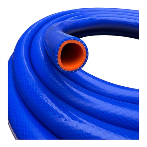 Close-up of 5/8-inch silicone heater hose, blue with orange inner lining, automotive use, 25 ft roll