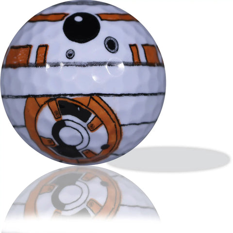Space Wars Golf Ball And Tee Set Three Pack With Twenty Printed Tees Death Star BB 8 R2 D2 Designs Tournament Quality 352 Dimple Pattern Made In USA Gift Ready, BB-8 design golf ball close-up