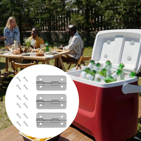 Stainless Steel Cooler Hinges Kit For Igloo Ice Chests 50 to 165 Qt 3 Pack With 12 Screws next to red ice chest at picnic