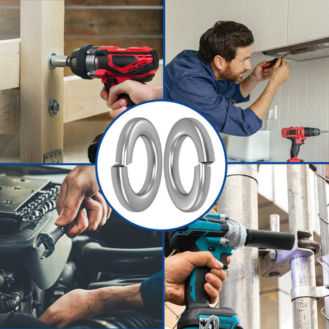 Collage showing uses of 100 Pcs Stainless Steel Spring Lock Washers Size Eight By Thirty Two for DIY and workshop projects
