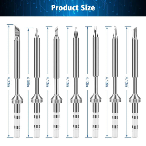 7 Types TS100 Soldering Iron Tips Replacement Kit for Mini Digital Soldering Irons, stainless steel tips shown with measurements
